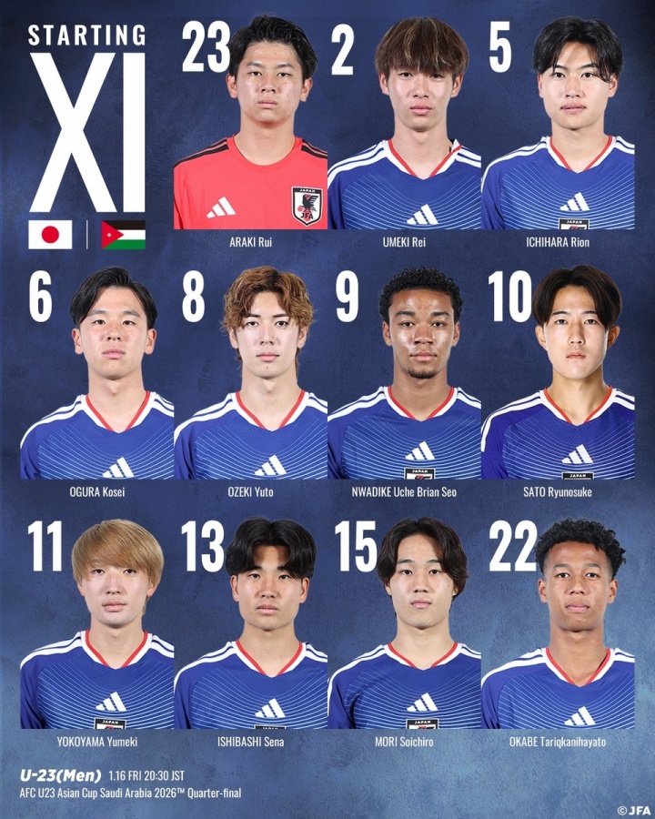U23亚洲杯淘汰赛日本vs约旦首发：佐藤龙之介、大关友翔出战